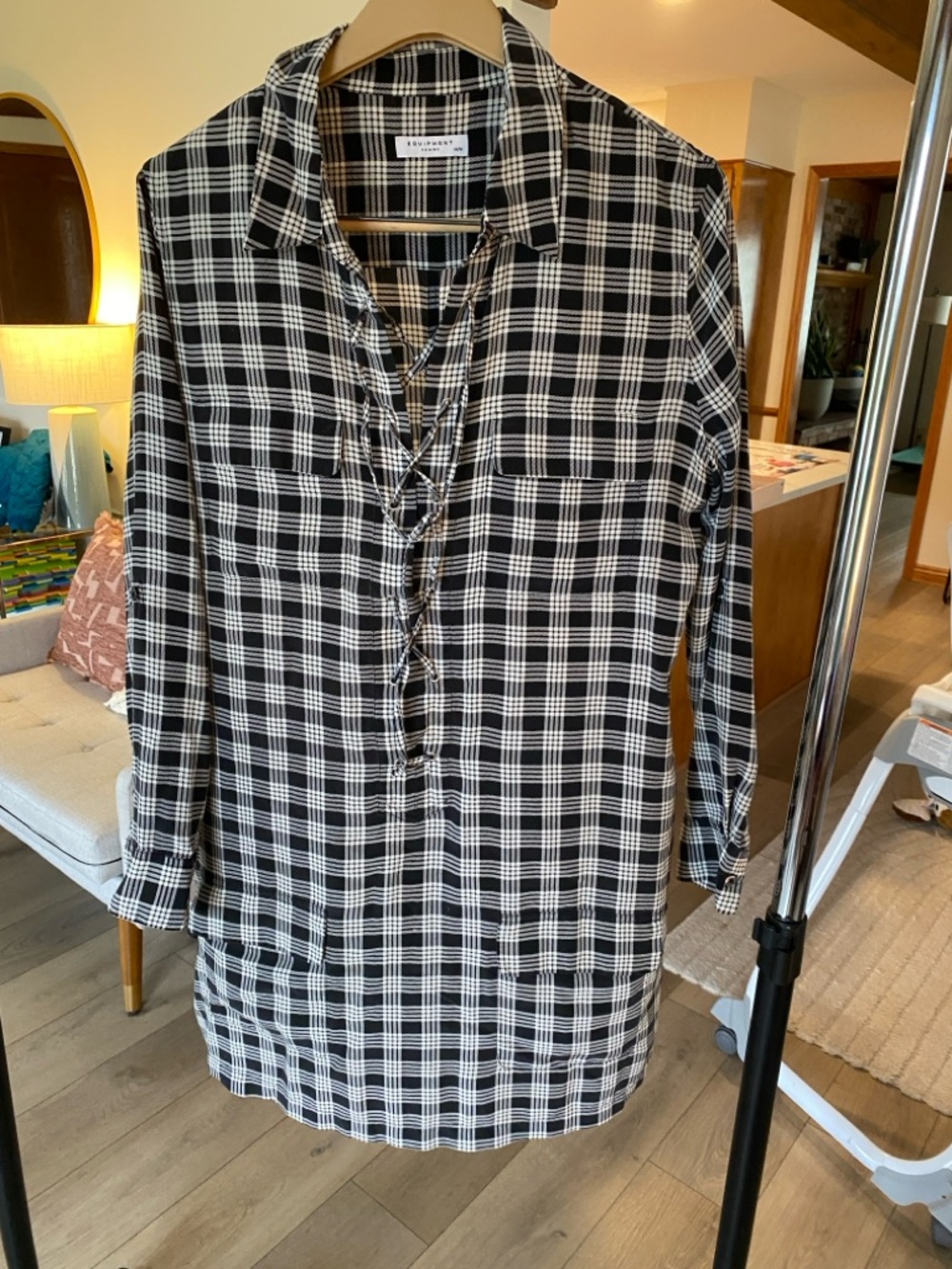 Equipment Black & White Plaid Lace-Up Long Sleeve Shirt Dress